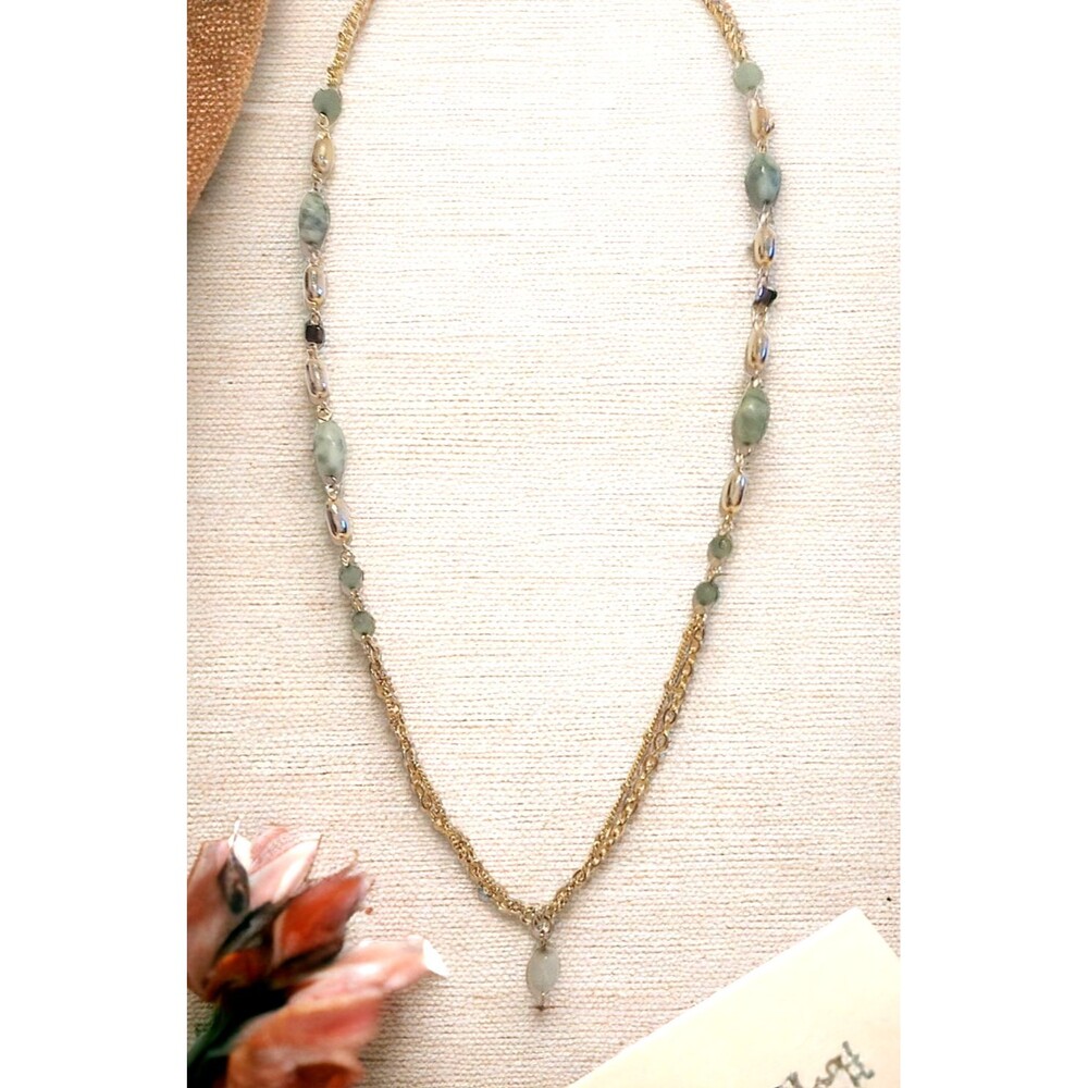 28" GEORGE Gold tone Green Jadeite Bead Chain Pendant Toggle Necklace Gemstone